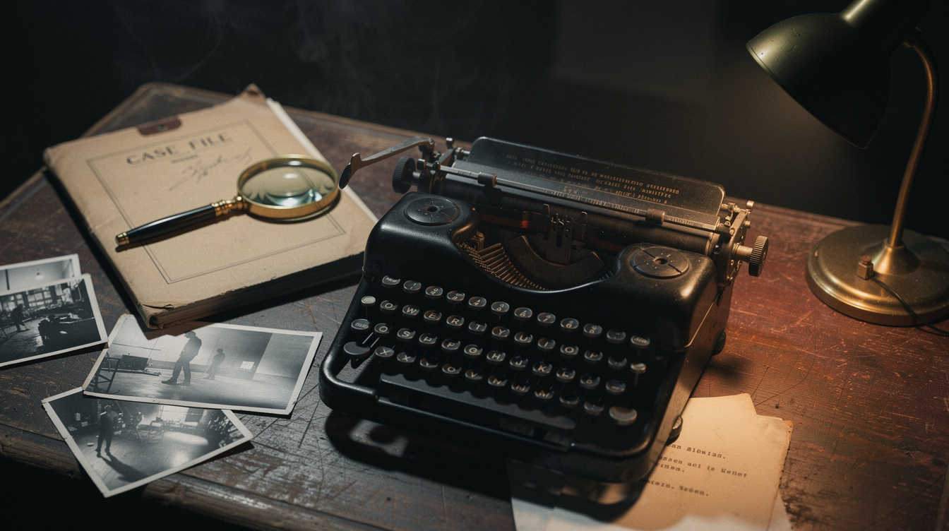 Detective's desk with magnifying glass, typewriter and case files under warm lamp light