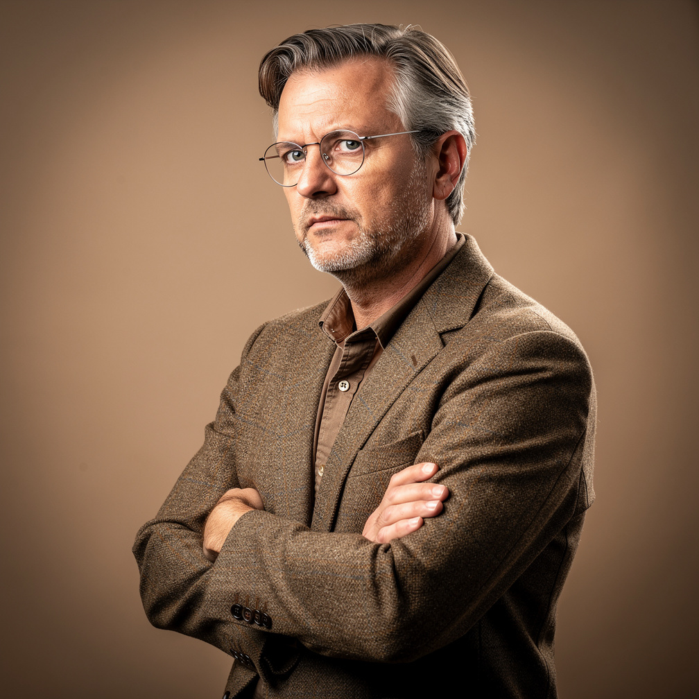 Studio portrait of a Dutch male crime novelist in his fifties wearing a tweed jacket and glasses