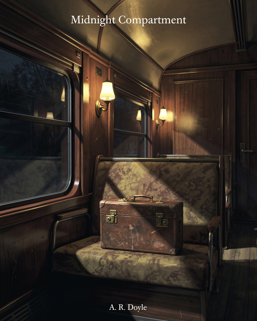 Illustrated detective book cover of an empty train compartment at night