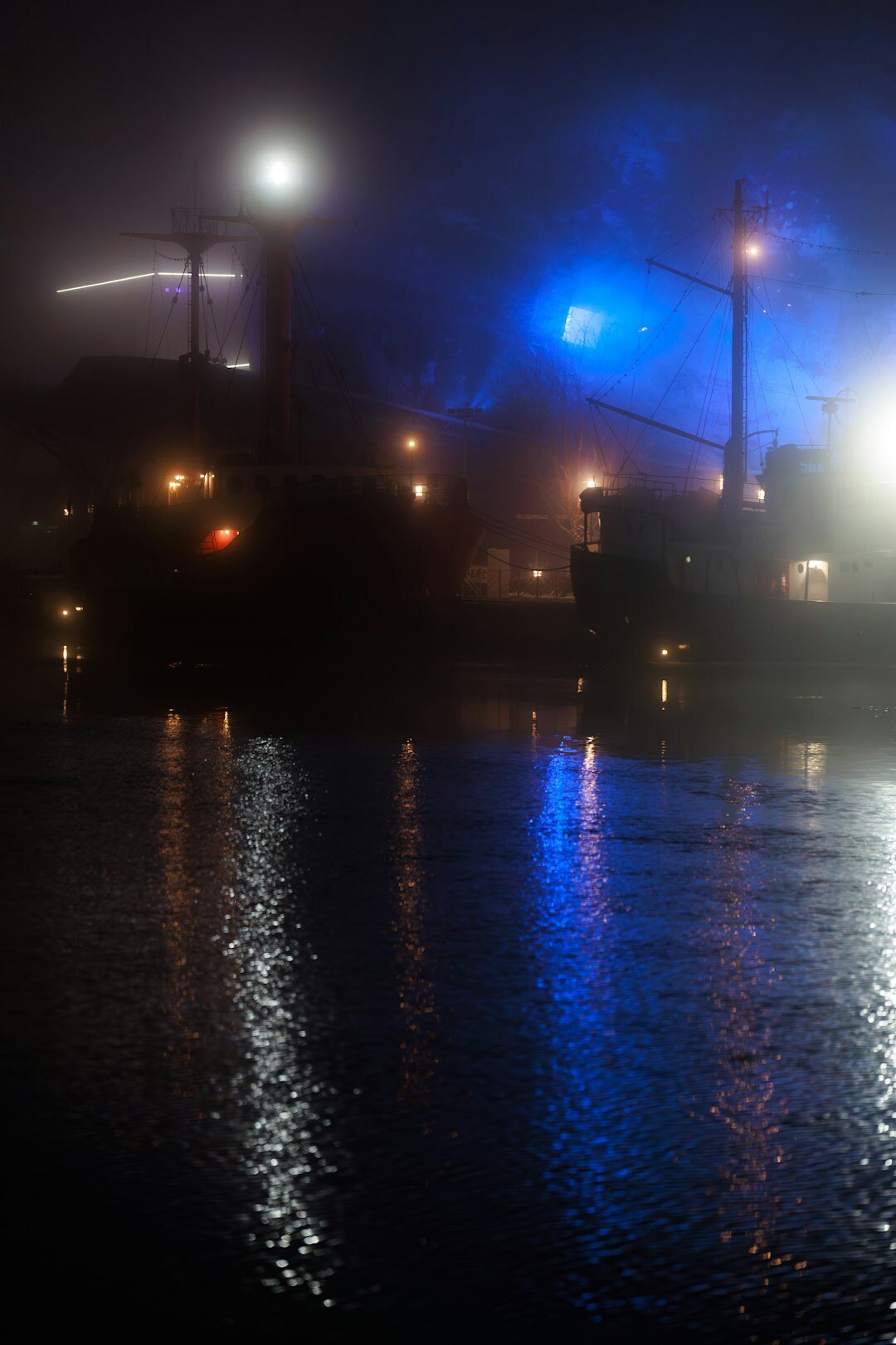 Illustrated detective book cover of a foggy harbor with docked ships
