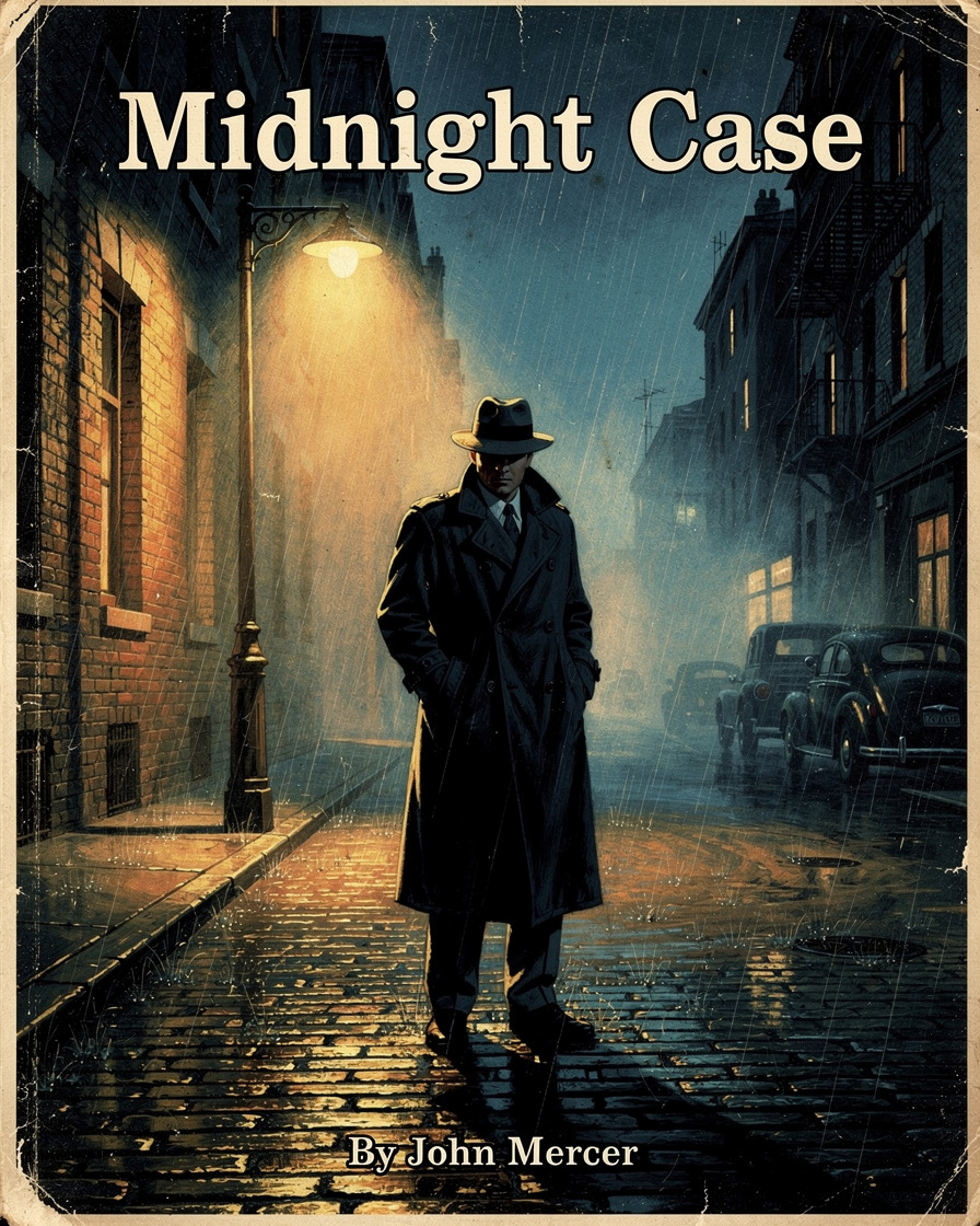 Illustrated detective book cover of a lone figure under a streetlamp on a rainy street